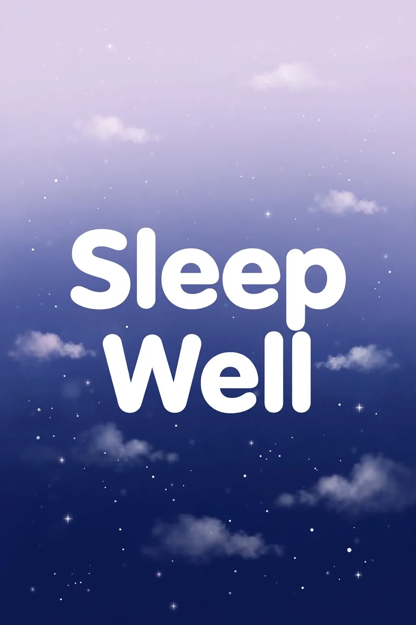 Centered rounded white text reading "Sleep Well" over a soft lavender to navy gradient sky dotted with small clouds and