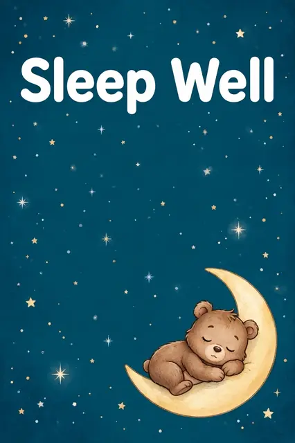 "Sleep Well" text sits above a cute sleeping brown bear curled on a crescent moon against a starry deep teal sky