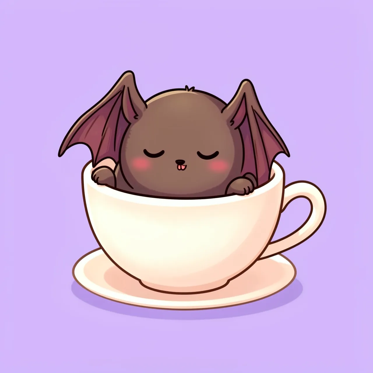 A cute round sleeping brown bat sits inside a creamy teacup on a pastel purple background.