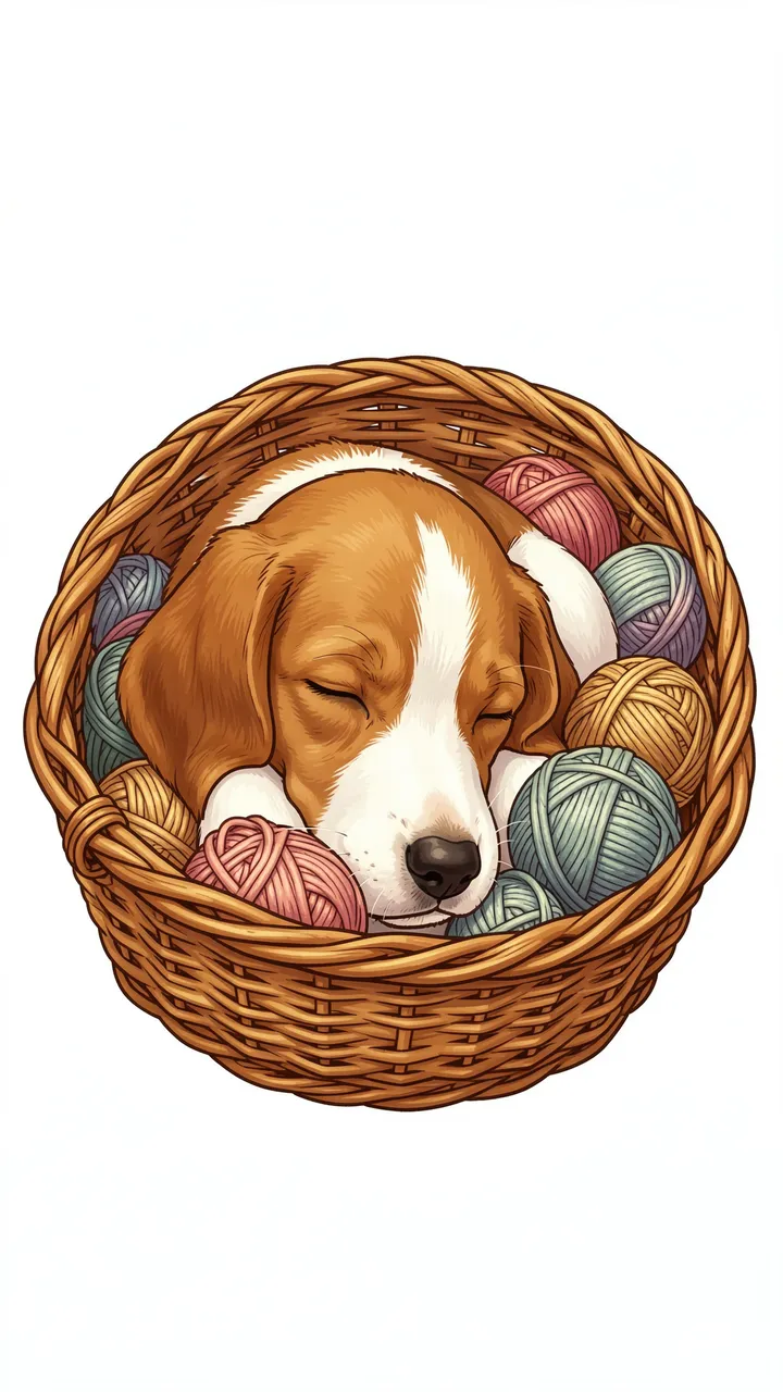 A sleeping beagle puppy curls comfortably inside a wicker basket filled with balls of knitting yarn.