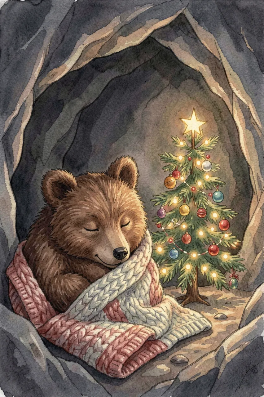 A sleepy brown bear cub wrapped in a knitted blanket rests beside a small lit Christmas tree inside a cozy cave