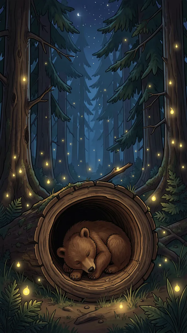 A brown bear cub sleeps curled inside a hollow log in a moonlit pine forest surrounded by glowing fireflies.