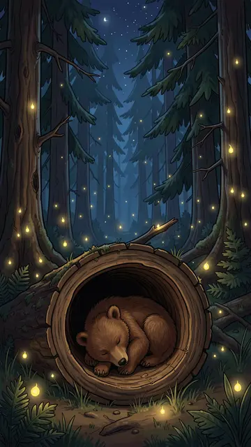 A brown bear cub sleeps curled inside a hollow log in a moonlit pine forest surrounded by glowing fireflies.