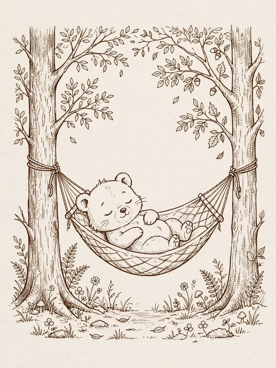 Cute line drawing of a sleeping bear cub lounging in a hammock strung between two trees