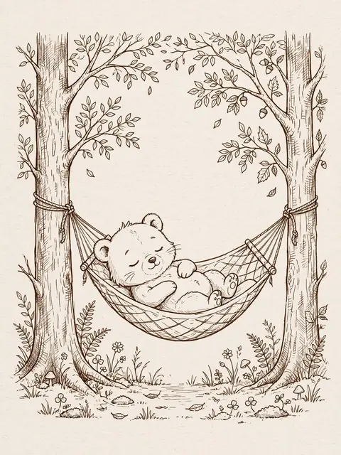 Cute line drawing of a sleeping bear cub lounging in a hammock strung between two trees