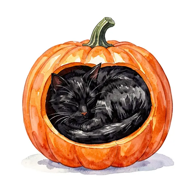 A watercolor illustration of a black cat curled asleep inside a hollow carved pumpkin against a white background