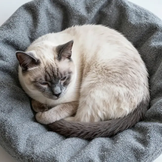A blue point Siamese cat curls half-asleep atop a soft folded gray wool blanket