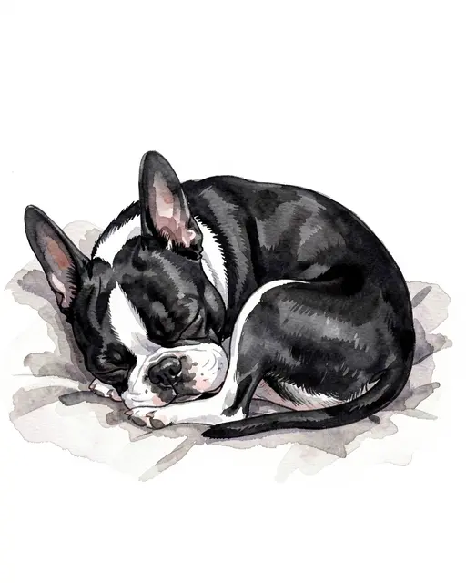 A black and white Boston Terrier curled up asleep on a soft fabric blanket in watercolor style