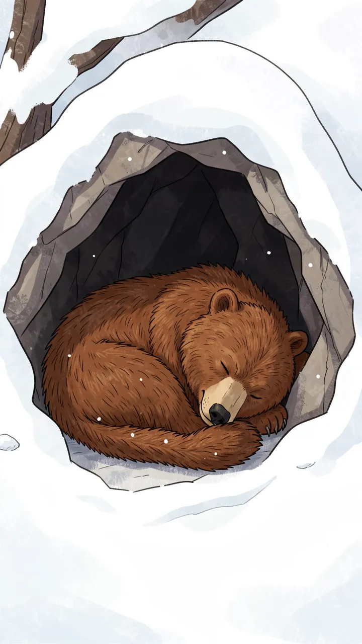 A curled up brown bear hibernates peacefully inside a snow-covered rocky den in winter.