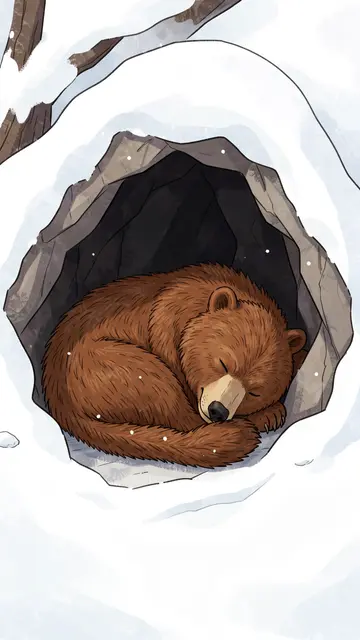 A curled up brown bear hibernates peacefully inside a snow-covered rocky den in winter.