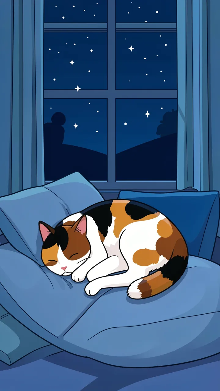 A calico cat curls asleep on soft blue pillows in front of a starry night window.