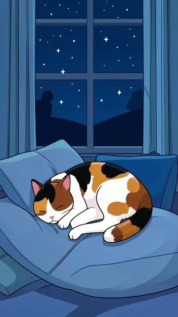 A calico cat curls asleep on soft blue pillows in front of a starry night window.
