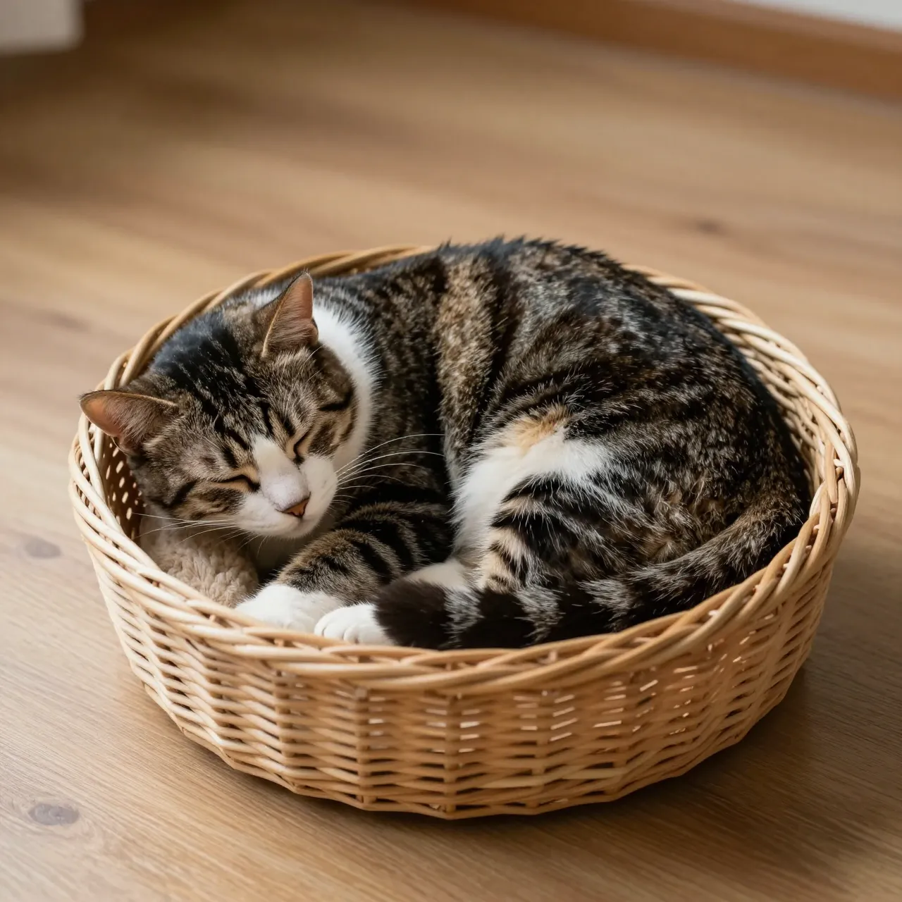 A tabby and white tuxedo cat curls up asleep inside a round wicker basket on a sunlit wooden floor