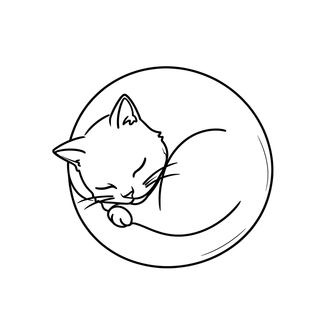 A minimalist continuous black line drawing of a curled sleeping cat on a plain white background