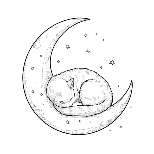 Fine line art of a curled resting cat nestled inside a crescent moon surrounded by tiny stars on a white background