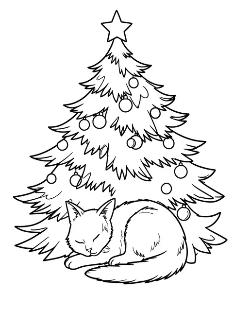Black and white line art of a curled sleeping cat resting beneath a decorated Christmas tree on a white background