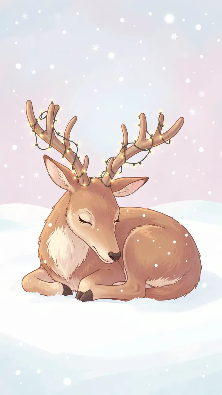 A sleepy curled reindeer rests in snow with fairy lights tangled in its antlers under a pastel snowy sky