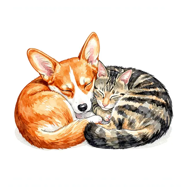 A watercolor illustration of a corgi and tabby cat curled up asleep together against a plain white background