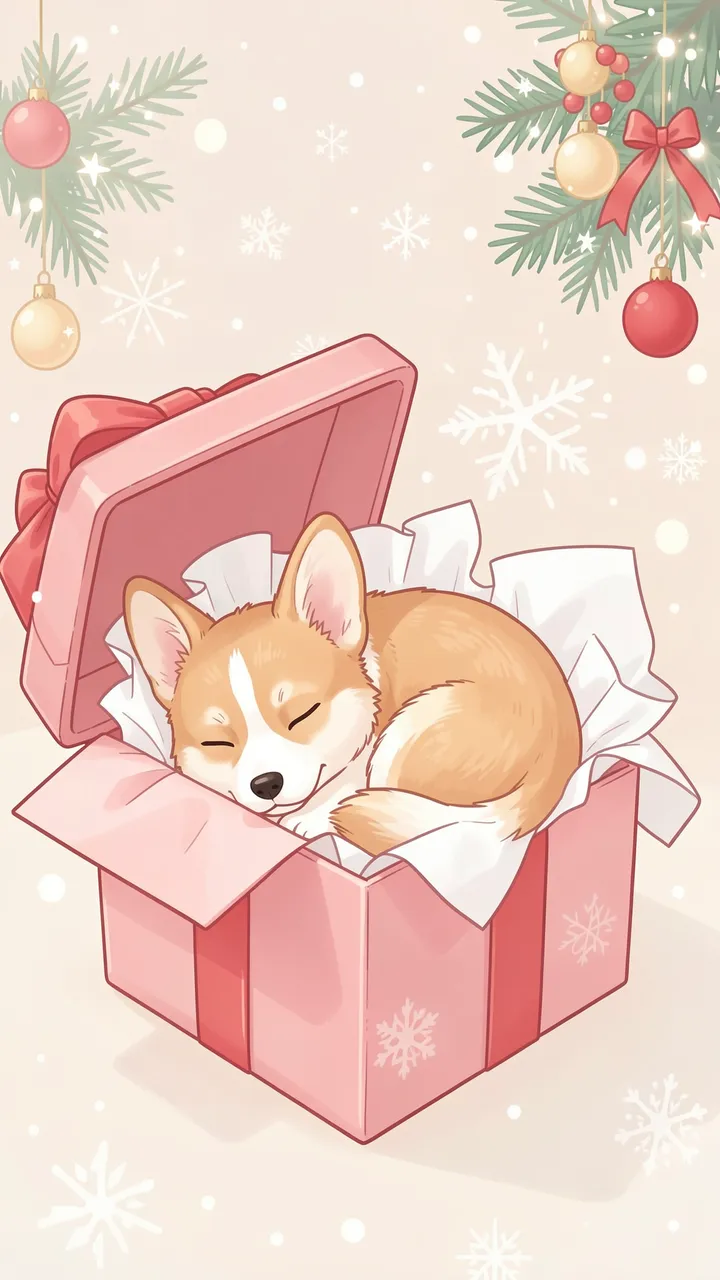 A cute sleeping corgi puppy curled inside a pink Christmas gift box with festive pine decor and snowflakes