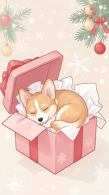 A cute sleeping corgi puppy curled inside a pink Christmas gift box with festive pine decor and snowflakes