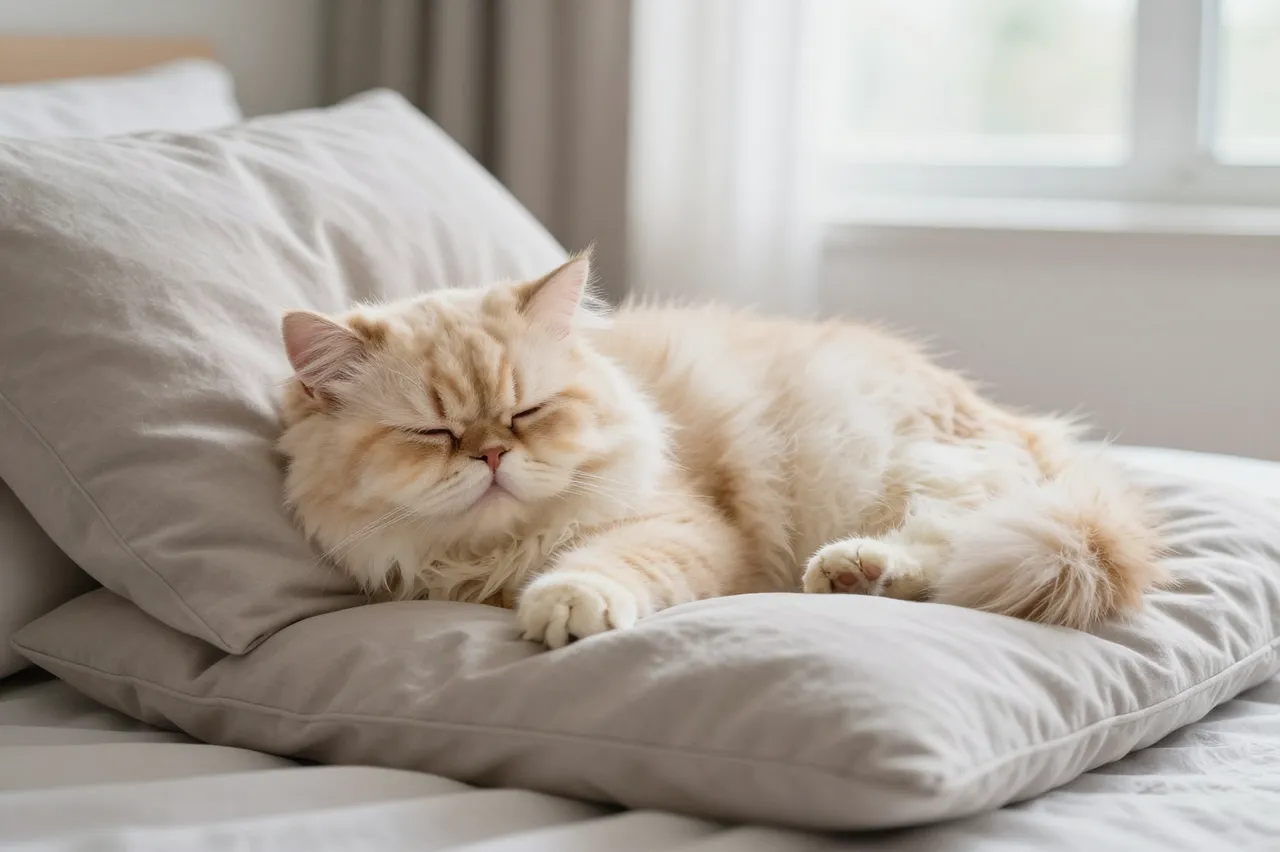 Fluffy cream Persian cat asleep on soft bed pillows bathed in gentle window light