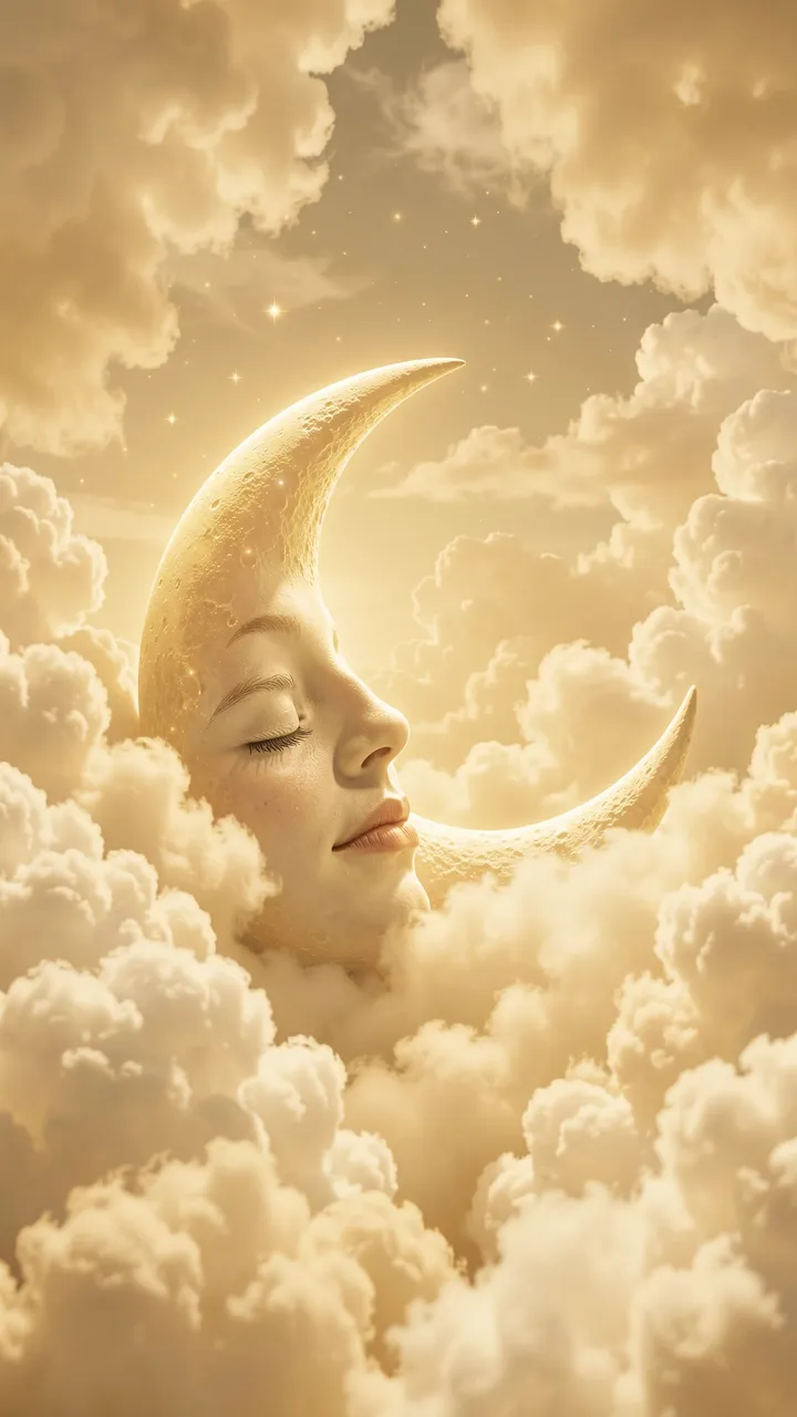 Golden crescent moon with a peaceful sleeping face rests among fluffy cream clouds and faint sparkles.