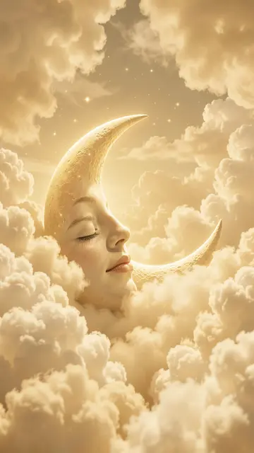 Golden crescent moon with a peaceful sleeping face rests among fluffy cream clouds and faint sparkles.