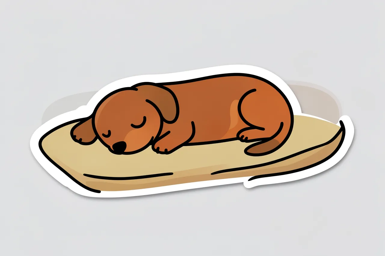 Die-cut sticker of a sleeping brown dachshund resting on a long beige cushion on a light gray background