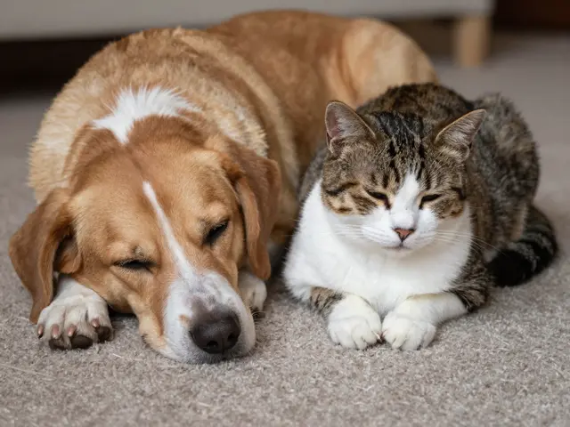 A tan and white dog and tabby and white cat rest with half-closed eyes on a soft beige carpet
