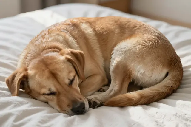 A light golden dog curled up asleep on rumpled white bed linens in soft morning sunlight