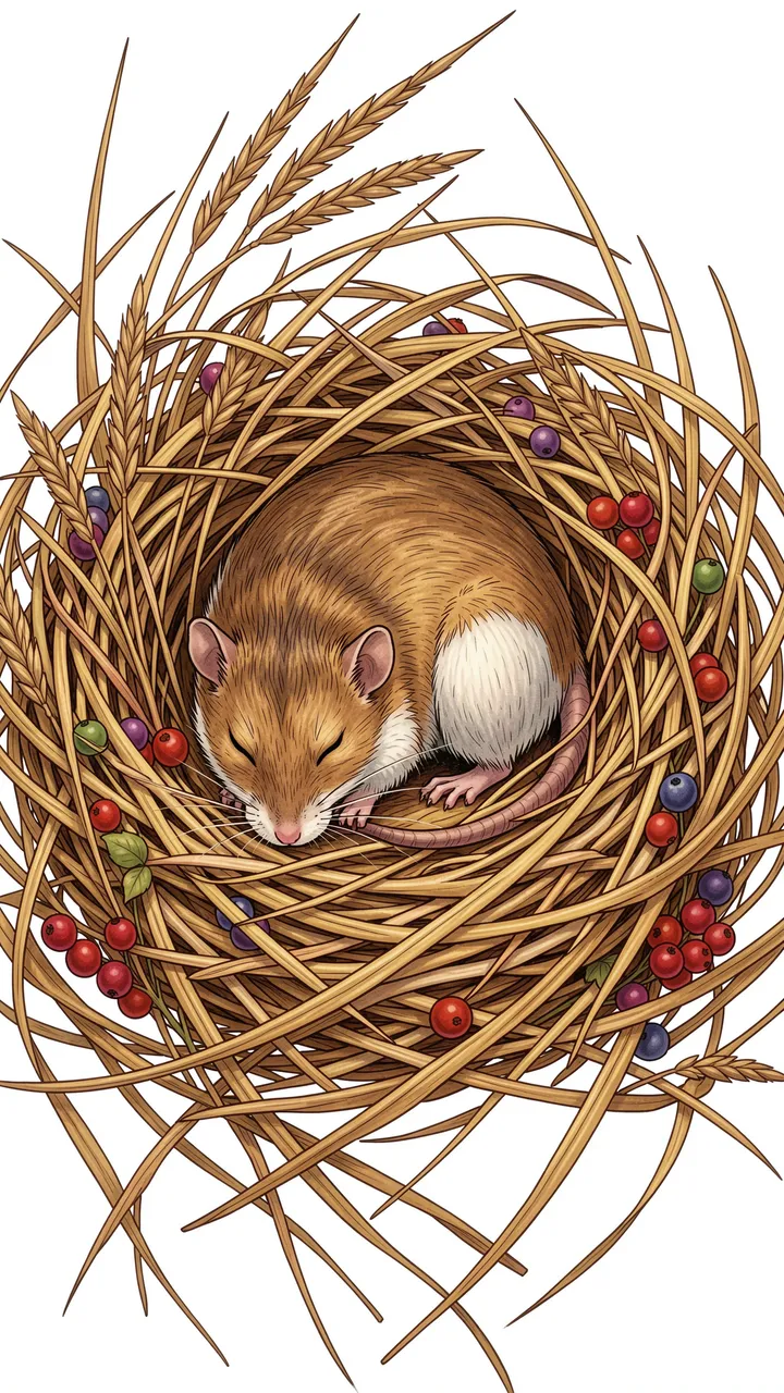 A curled sleeping dormouse rests inside a woven dried grass nest decorated with colorful berries and wheat stalks.