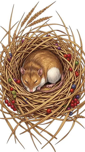 A curled sleeping dormouse rests inside a woven dried grass nest decorated with colorful berries and wheat stalks.