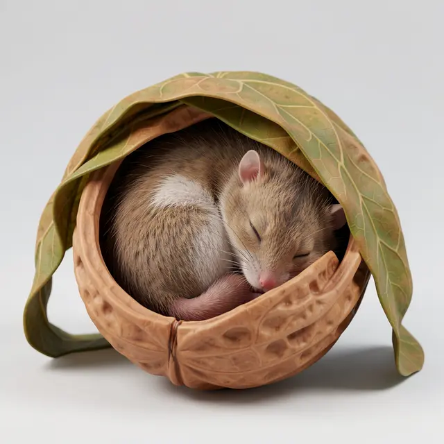 A chubby sleeping dormouse curls inside a hollow walnut shell draped with a leaf blanket