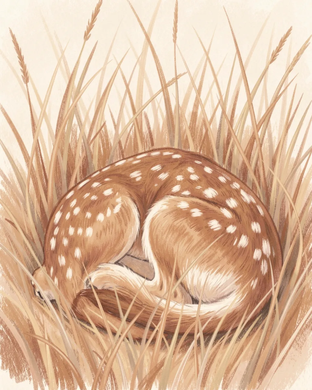 Pastel illustration of a spotted fawn curled asleep within dry tall grass