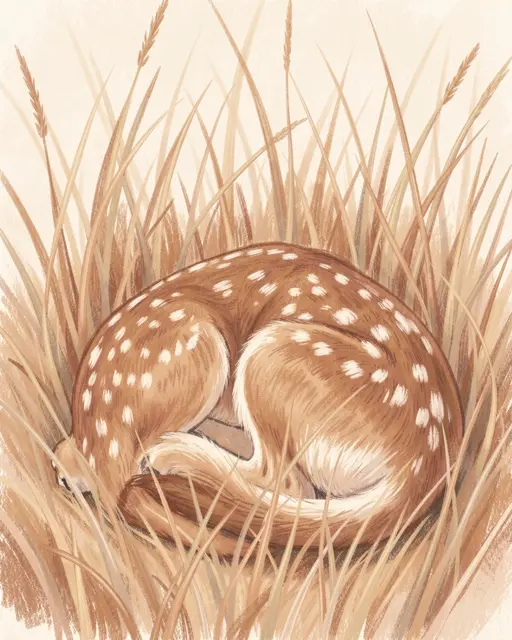 Pastel illustration of a spotted fawn curled asleep within dry tall grass
