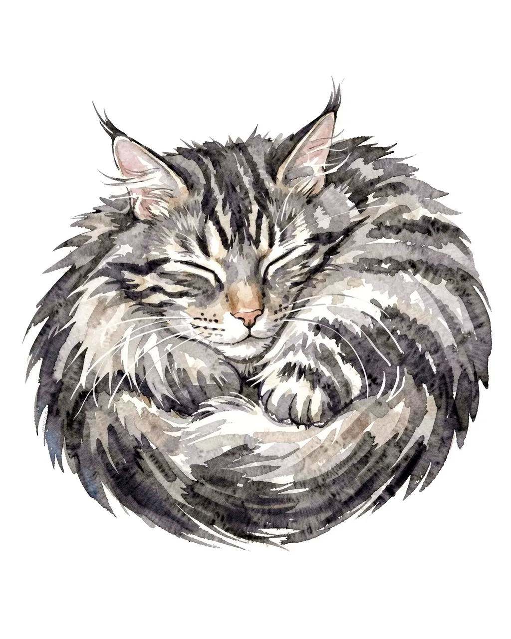 Watercolor illustration of a curled sleeping gray tabby Maine Coon on a plain white background