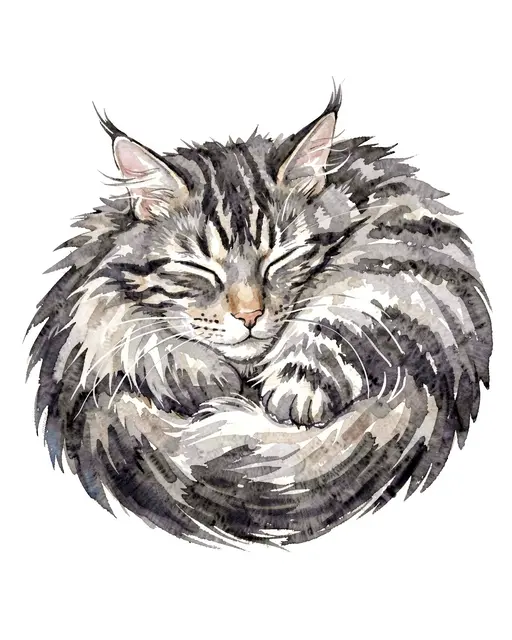 Watercolor illustration of a curled sleeping gray tabby Maine Coon on a plain white background