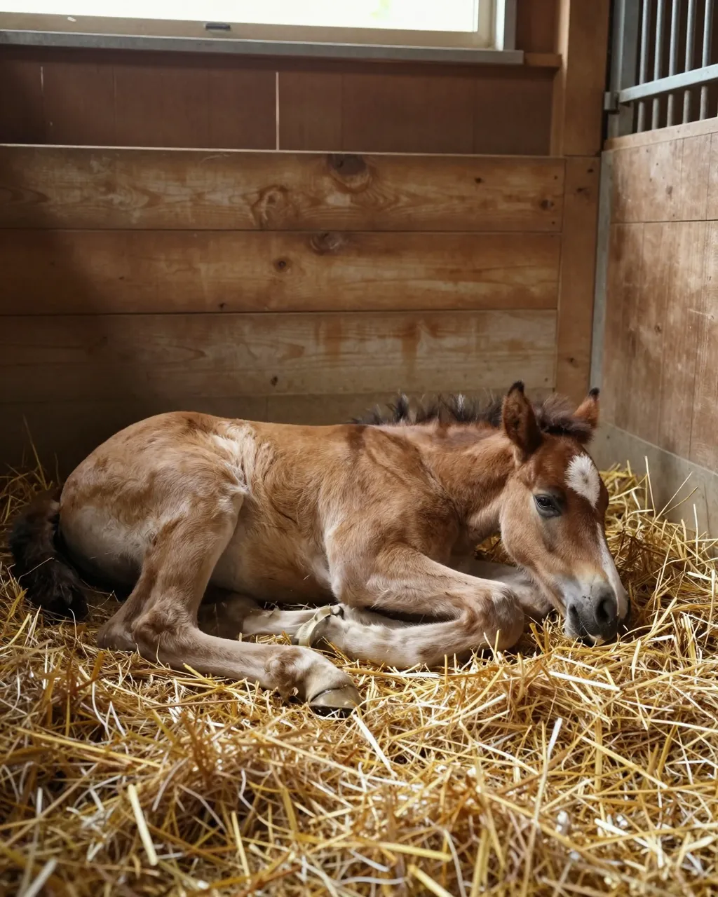 A young chestnut foal rests curled on golden straw inside a sunlit wooden stable stall.