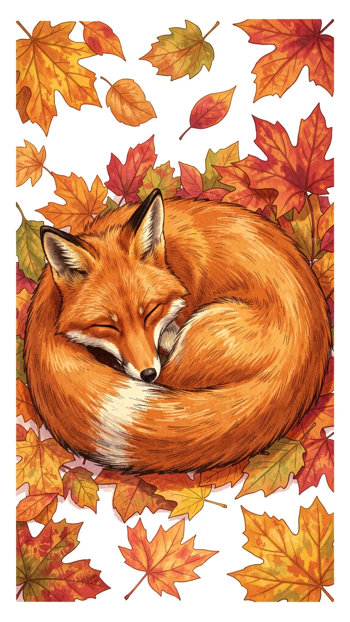 A curled red fox sleeps peacefully surrounded by colorful fall maple leaves on a light background.