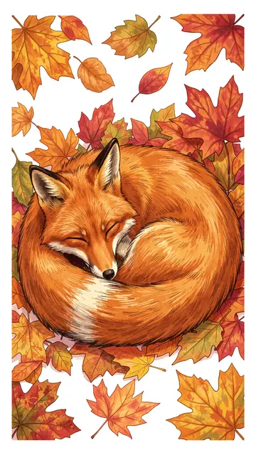 A curled red fox sleeps peacefully surrounded by colorful fall maple leaves on a light background.