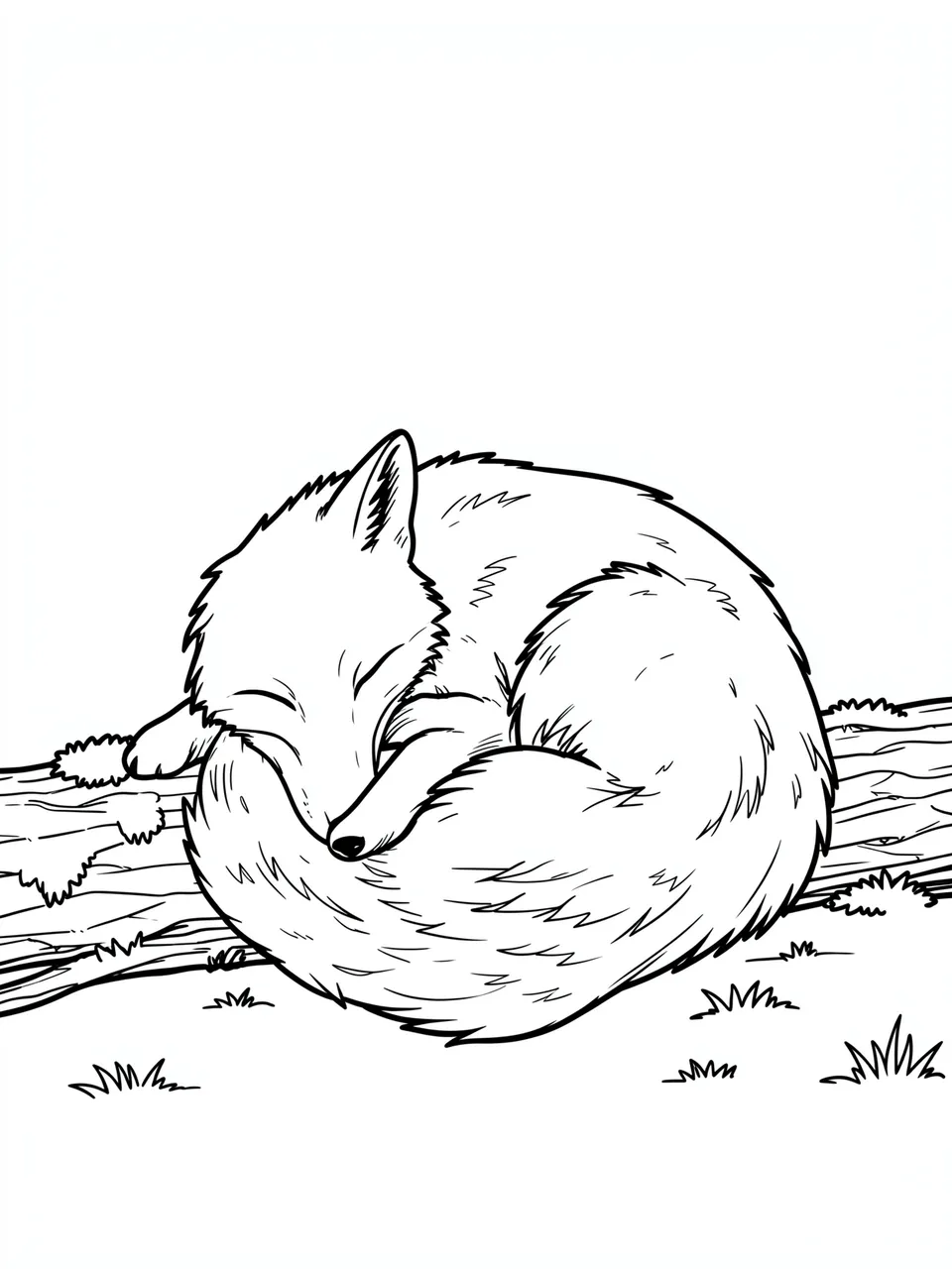 Black and white line art of a curled up sleeping fox resting on a mossy log
