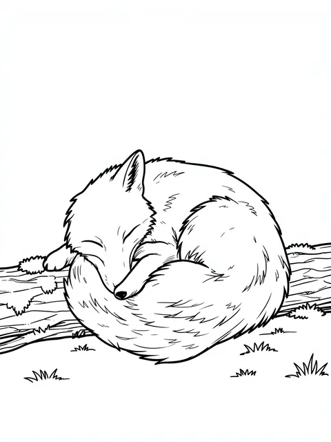 Black and white line art of a curled up sleeping fox resting on a mossy log