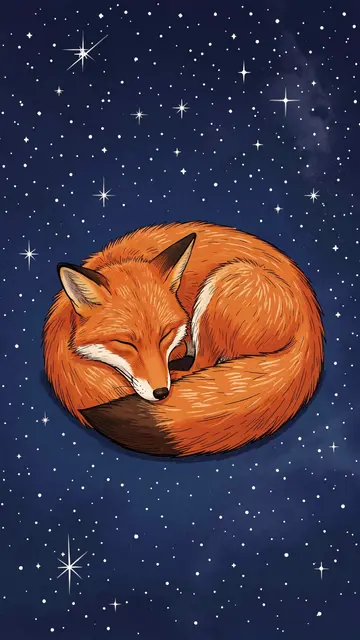 A curled red fox sleeps peacefully against a dark starry night sky backdrop