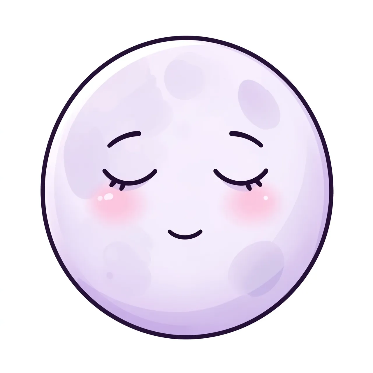 Cute cartoon round full moon with a peaceful sleeping face and soft lilac shading on a white background