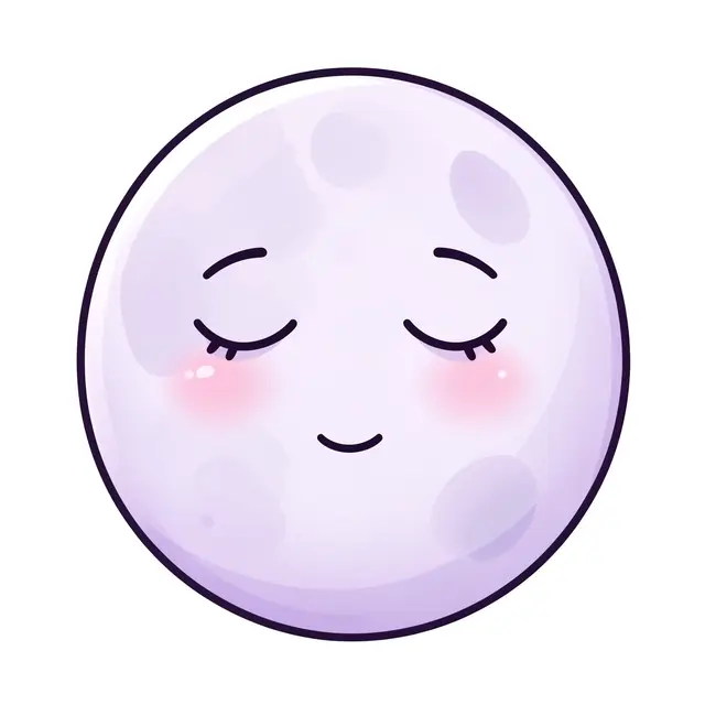 Cute cartoon round full moon with a peaceful sleeping face and soft lilac shading on a white background