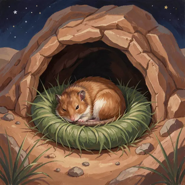 A small round brown gerbil rests curled on a grass nest at the entrance of a rocky desert burrow under a starry night sky