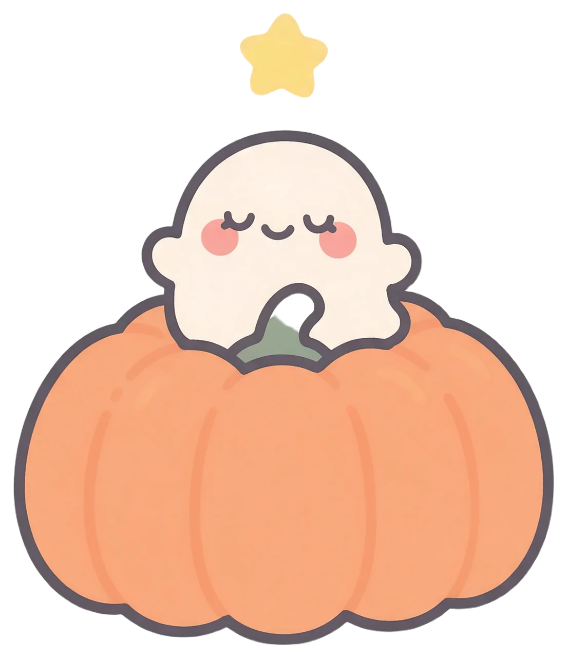 Cute cartoon sleeping white ghost sits on an orange pumpkin with a floating yellow star above it