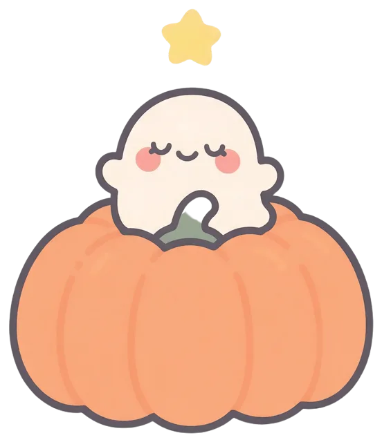 Cute cartoon sleeping white ghost sits on an orange pumpkin with a floating yellow star above it