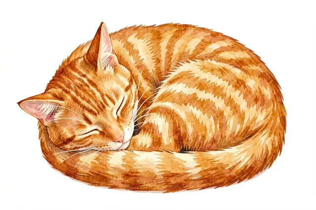 A curled up sleeping ginger tabby cat illustrated in watercolor on a plain white background
