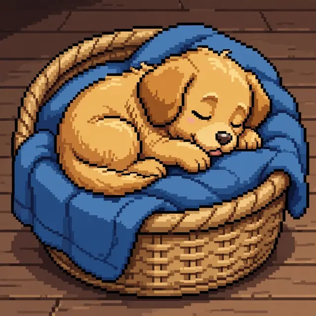 A pixel art golden retriever puppy curls asleep in a wicker basket lined with a blue blanket on a wooden floor